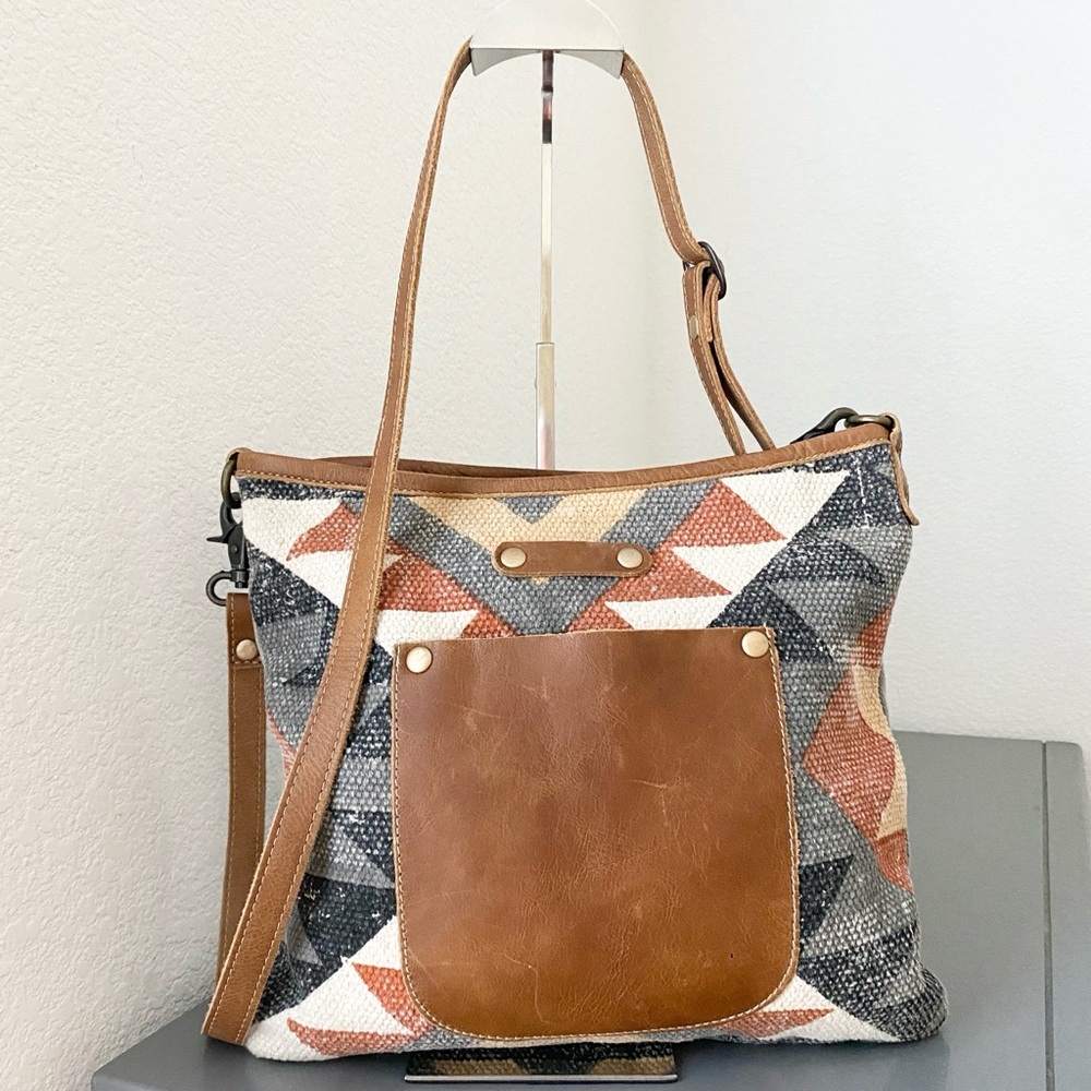 Myra Angle Tangle Crossbody Brown Woven Canvas and Leather Tote Bag
